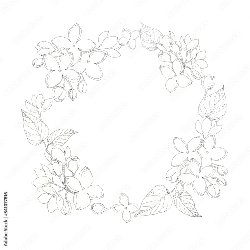 Lilac blossom circle frame, wreath hand drawn in pen ink. Spring monochrome floral design element for birthday, wedding, greeting cards, banners design. Lilac blossom circle frame, wreath hand drawn in pen ink. Spring monochrome floral design element for birthday, wedding, greeting cards, banners design.
