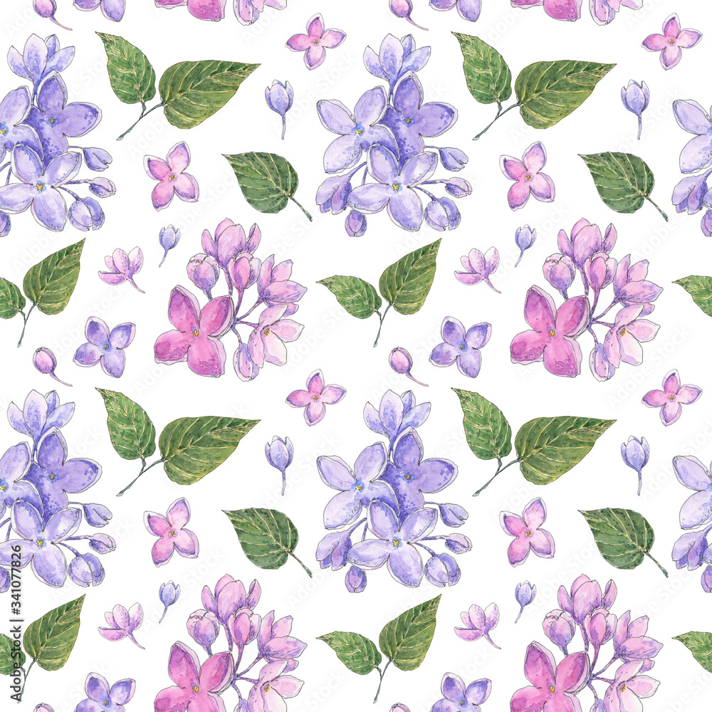 Lilac flowers and leaves watercolor seamless pattern. Spring blossom, beautiful, artistic floral background for wallpaper, gift wrapping paper, textile design. 