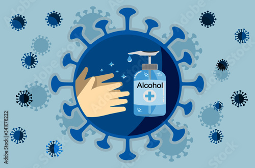 Hand cleaner sanitizer alcohol gel rub clean hands hygiene prevention of coronavirus virus outbreak. Concept logo vector healthcare.