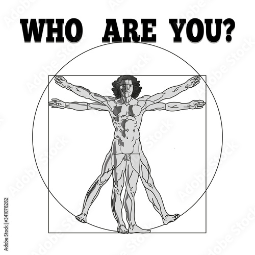 Vitruvian man symbol and inscription. Who are you? Vector illustration.