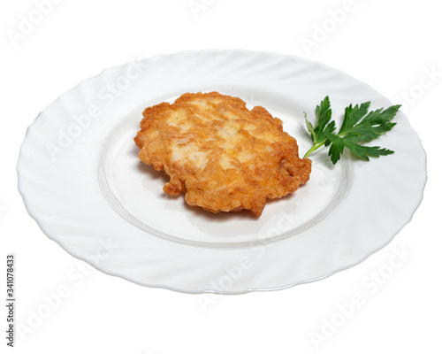 Chicken cutlet in batter on a white background photo