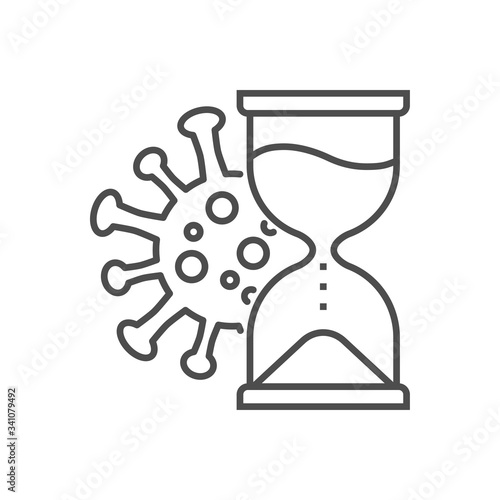 Incubation period related vector thin line icon. Incubation time - hourglass and virus. Isolated on white background. Editable stroke. Vector illustration.