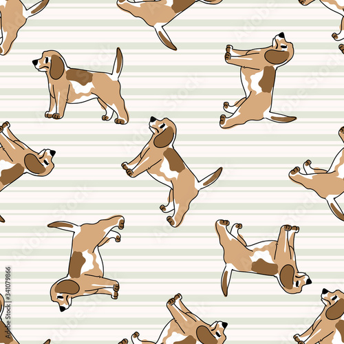 Cute cartoon puppy dog seamless vector pattern. Hand drawn pedigree kennel doggie breed for dog lovers. Purebred domestic puppy all over print for pet parlor background. Canine illustration.