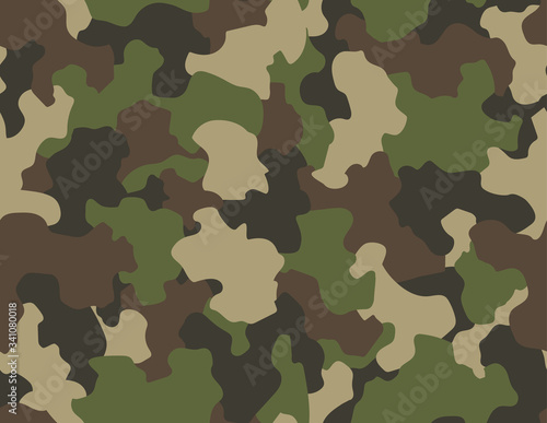 Camouflage seamless pattern. Abstract military or hunting camouflage background. Classic clothing style masking camo repeat print. Green brown black olive colors forest texture camouflage