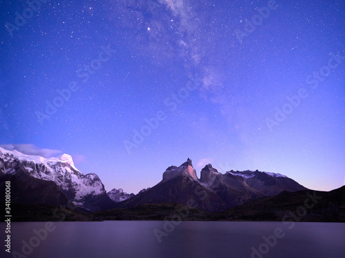 Chile,?Ultima?Esperanza Province, Milky Way galaxy on purple sky over Nordenskjld Lake and Cuernos del Paine at dusk photo