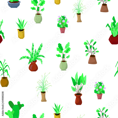Home gardening background. House plants geometric seamless pattern. Potted plants wallpaper. indoor flowers. Floristic background. Green potted flowers flat postcard.