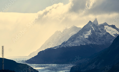 Chile, Ultima Esperanza Province, Mountains surrounding glacial Grey Lake photo