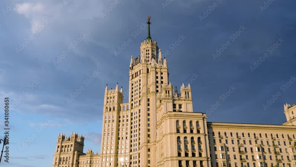Exterior of an old multi-storey building against the picturesque sky in Moscow. Russia. 4K Exterior of an old multi-storey building against the picturesque sky in Moscow. Russia. 4K