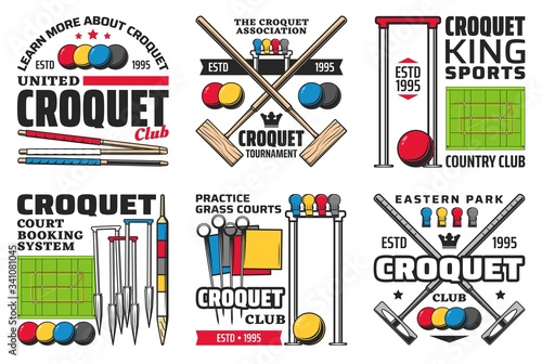 Croquet sport icons with vector balls, mallets, hoops and wickets, scoring posts, centre pegs, corner flags and colorful clips on green play fields or courts. Croquet equipment emblems of sport club