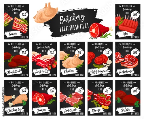 Meat food vector price tags of butcher shop design. Beef and pork steaks, bacon, ham and chicken legs, lamb ribs, burgers and turkey, ribeye and flank steaks, sirloin and filet mignon blackboard cards
