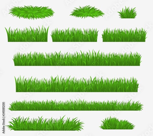 Green grass blades borders and landscaping constructor plants, vector isolated realistic icons. Meadow lawn, park or farm green grass hedges