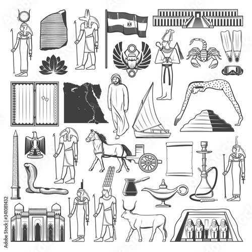 Egypt sketches with ancient Egyptian travel landmarks and tourism vector design. Pharaoh pyramid, Sphinx and Cairo temples, gods, Egyptian flag, map and heraldic eagle, scarab and parchment scroll