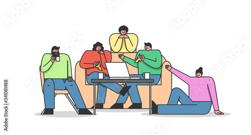 Group Of Friends Meet At Home, Ordered Food And Drinks. Men And Women Eating Tasty Pizza, Communicating And Have Good Time Together In Casual Setting. Cartoon Linear Outline Flat Vector Illustration