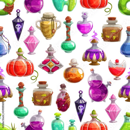 Magic potion bottles vector seamless pattern. Halloween background of glass bottles and flasks with poison or elixir drinks. Witch, wizard or evil magician jars with corks, skulls and claws
