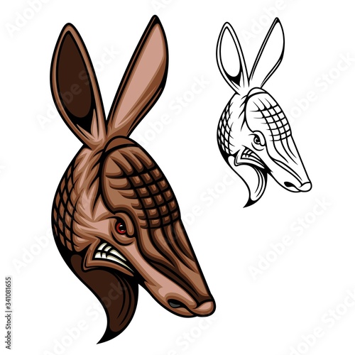 Armadillo mascot with animal head, hunting, sport and zoo vector design. Wild mammal with angry muzzle, red eyes and bared teeth, brown armoured shell and long ears