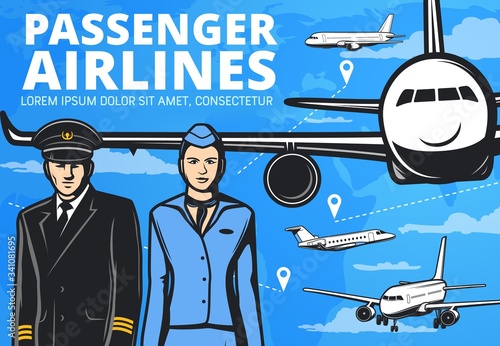 Airplane pilot and flight attendant with planes vector design of passenger airlines. Aircraft crew of captain and stewardess in uniform and airplanes on blue sky background, air travel themes