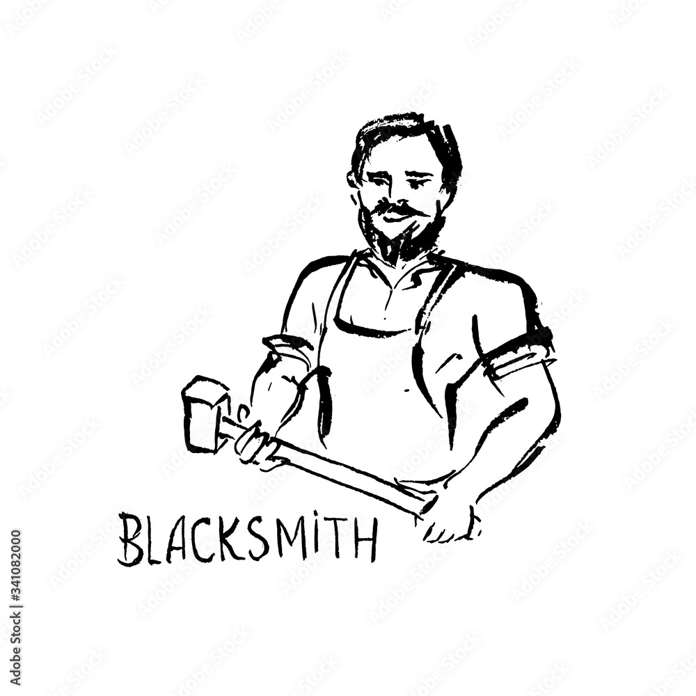 A blacksmith with a hammer. Black-white ink illustration. A blacksmith with a hammer. Black-white ink illustration.