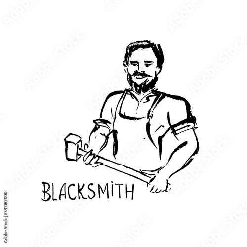 A blacksmith with a hammer. Black-white ink illustration.