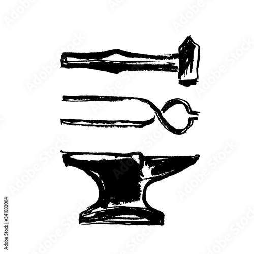 Tools of the blacksmith. Ink illustration.