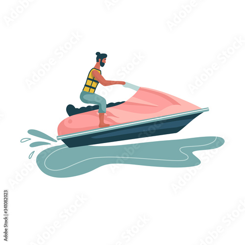 Man rides a jet ski. World Travel. Planning summer vacations. Water Sports. Fun in the ocean, Extreme Sport, water skiing flat vector illustration. Side view