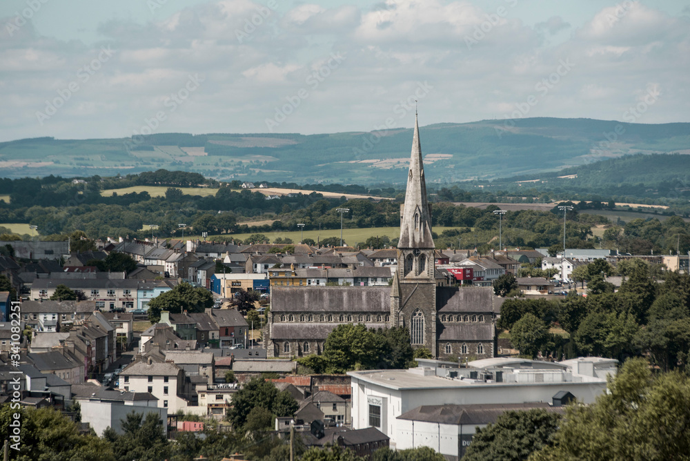 panoramic view of cathedral in irish countryside