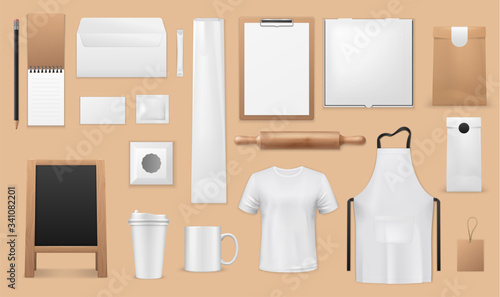 Bakery and pastry shop corporate identity realistic templates. Vector blank mockups of apron, bread and croissant paper bags, food packages, uniform t-shirt and menu boards, coffee cups, sugar sachet
