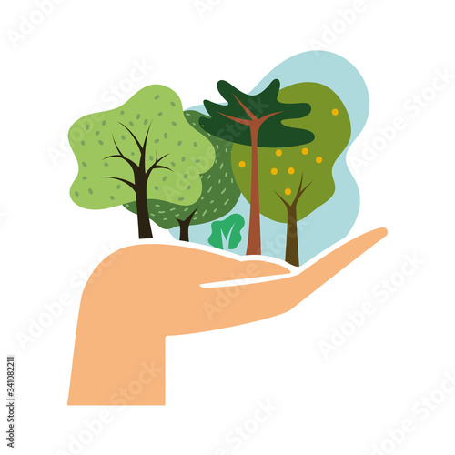Ecology concept with Hand and tree background. Save Forest& Vector illustration.