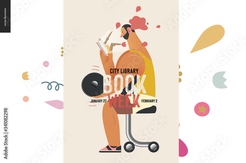 Weight lifting poster design template -World Book Day graphics -book week events. Modern flat vector concept illustrations of reading people - brunette man lifting a dumbbell, reading detective story