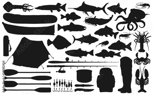Fisherman equipment, tackle and fish black silhouettes of fishing sport vector design. Fishing rods, hooks and baits, boats, lure, reel and boots, salmon, tuna, perch and crab, octopus and squid