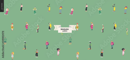 Waiting in line, seamless pattern - modern flat vector concept illustration of a young men a women standing in line with smartphones. Multicultural, multilingual people, diversity concept