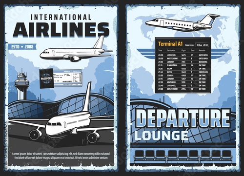 Airport and airplanes of international airlines vector design of air travel, aircraft and passenger transportation. Departure or arrival terminal with passport, tickets, planes and traffic tower
