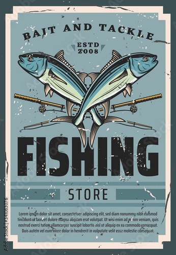 Tuna fish with spinning rods, lines and reels, fishing sport vector design. Fisherman or angler tackle and tourism equipment store retro poster of outdoor hobby and recreation sports themes
