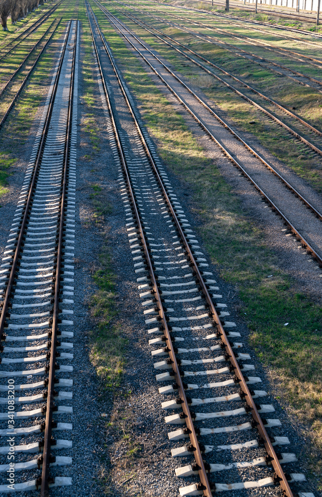 Fototapeta premium Panoramic view of many rusty railroad tracks. Top view.