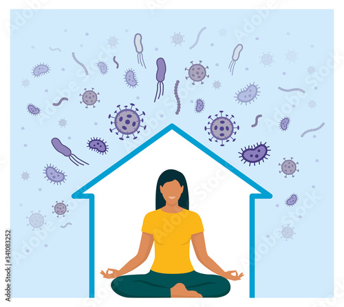 Woman isolating at home and doing meditation during covid-19 epidemic