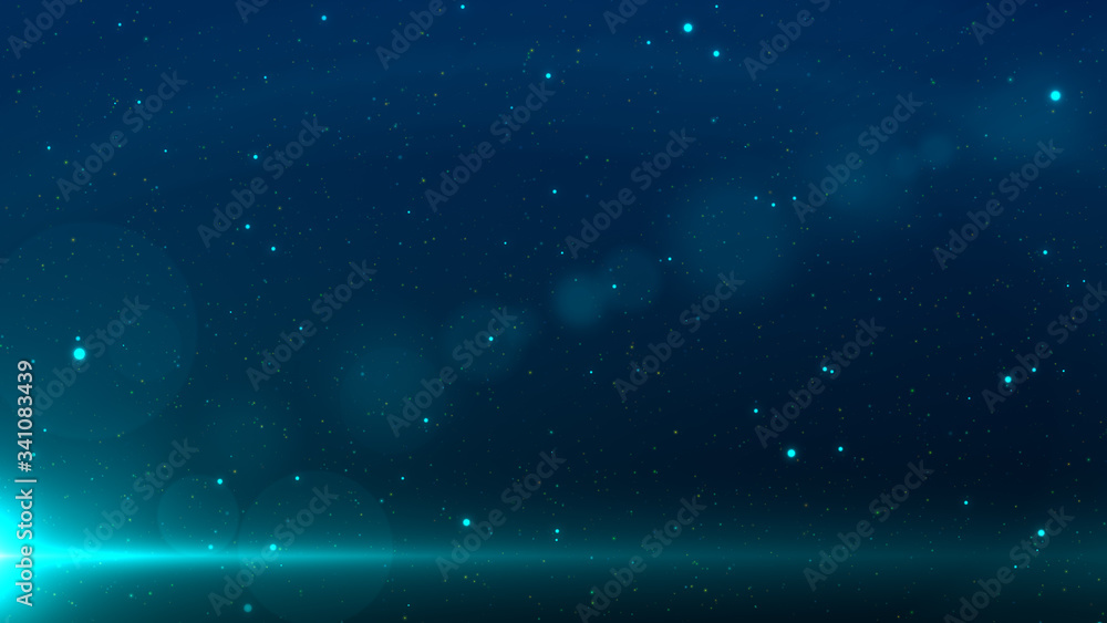 Blue space background with stars and a beam light in the bottom left corner with lens flare.
