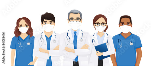 Multiethnic doctor team group with leader wearing protective medical mask isolated vector illustration