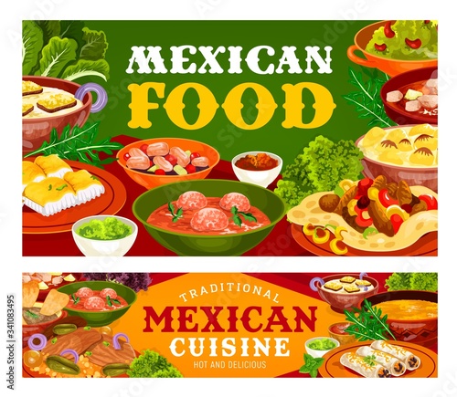 Mexican food vector design of vegetable, fish and meat restaurant dishes. Fajitas and burritos with tomato salsa and guacamole sauces, corn tortillas and meatball soups, beef steak and estofado stew