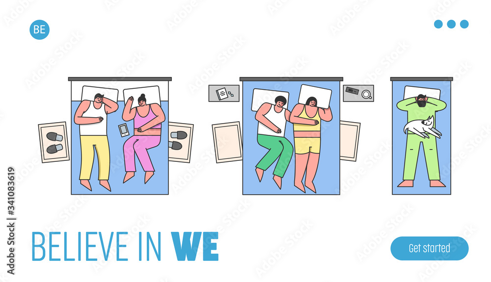 Website Landing Page. Men And Women Sleep On The Bed At Home Or In Hotel. Characters Have Dream, Asleep in Bedroom, Sleep Resting Position. Web Page Cartoon Linear Outline Flat Vector Illustration