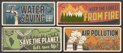 Ecology, nature and environment protection vector banners of Save Earth, air pollution, water saving and forest fire prevention concepts. Eco plant, green leaves and planet globe, trees, factory pipes