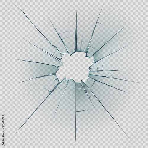 Broken, cracked or crashed glass vector design with realistic hole, shatters and cracks, sharp edges and fragments on transparent background. Damaged glass of window or door pane and windscreen