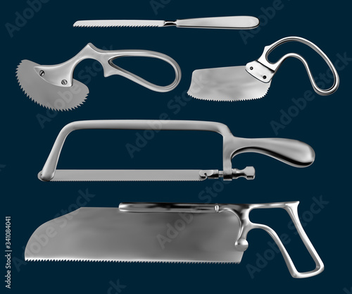 Set of surgical saws. Charriere Bone Saw, Bergman and Engel plaster saws , Satterlee Bone Saw, Metacarpal saw Langenbeck. Manual surgical instrument. Medical subjects. Vector illustration. photo