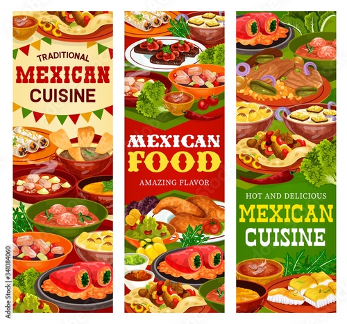 Mexican cuisine vector banners of vegetable meat estofado and baked fish. Beef fajitas and bean burritos with salsa and guacamole sauces, tomato meatball soup with tortillas, chicken and seafood salad