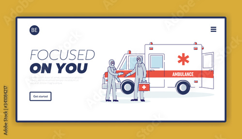 Healthcare And Medicine Concept. Website Landing Page. Doctors In Protective Coveralls Ready To Fight Against Covid 19 Coronavirus Infection. Web Page Cartoon Linear Outline Flat Vector Illustration