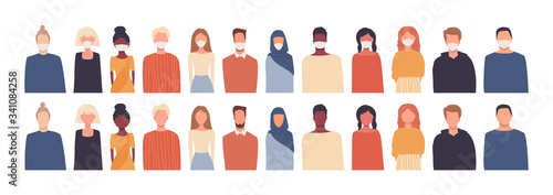 Set of vector illustrations in flat style. Modern multicultural, multiethnic society. European, african, asian, american. Men and women. People wearing medical masks. Coronavirus pandemic, quarantine.