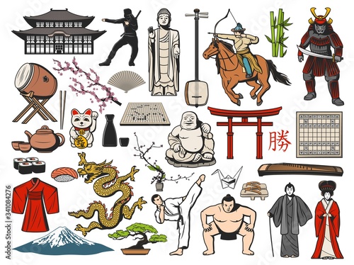 Japan symbol of Japanese travel vector design. Fuji mountain, Asian sushi food and temple pagoda, geisha, bonsai and origami, sakura tree, tea set and maneki neko cat, kimono, paper fan and torii gate