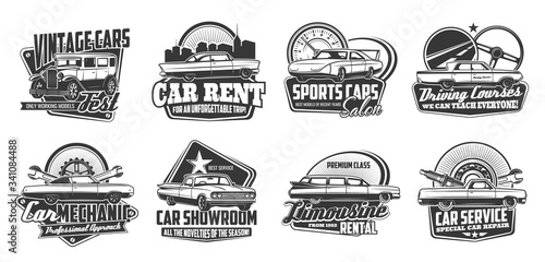 Retro car vector badges of auto service and race sport design. Automobiles and classic muscle cars with mechanic garage tools, vehicle engine spare parts, spanner and wrench, gear, break and wheel