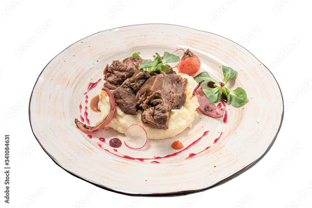 meat with mashed potatoes on a white background meat with mashed potatoes on a white background