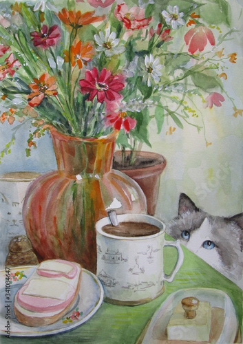 watercolor painting spring illustration with breakfast, flowers and a cat photo