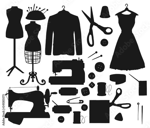 Sewing tool and equipment of tailor shop isolated black silhouettes. Vector needles, buttons and pins, thread spools, sewing machines and fabric with scissors, tape measure, thimble and mannequins