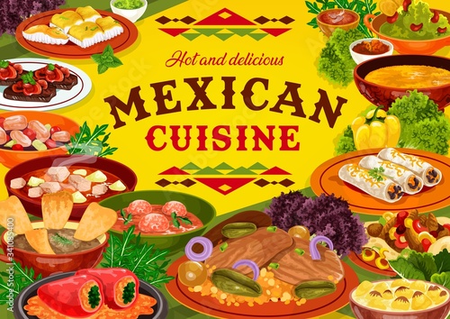Mexican cuisine restaurant food vector design. Meat and vegetable dishes of burritos, fajitas and estofado stew, stuffed peppers, beef steaks and fish, tomato meatball and onion soups with tortillas